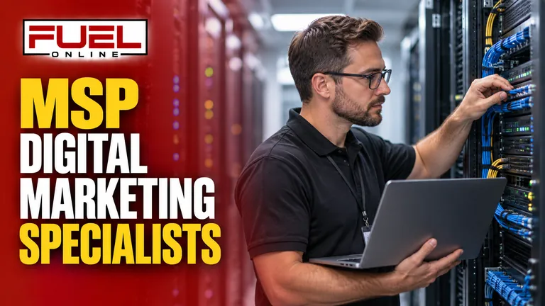 IT managed services engineer inspecting organized server racks in Fuel Online’s msp Digital Marketing specialist banner