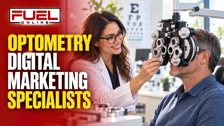 optometrist beside a phoropter and adult patient in a bright contemporary eye clinic in Fuel Online’s optometry AI SEO, AEO & GEO specialist banner