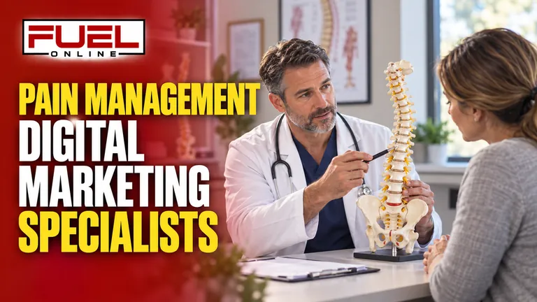 physician explaining a spine model to an adult patient during a calm clinic consultation in Fuel Online’s pain management Digital Marketing, SEO, AEO & GEO specialist banner