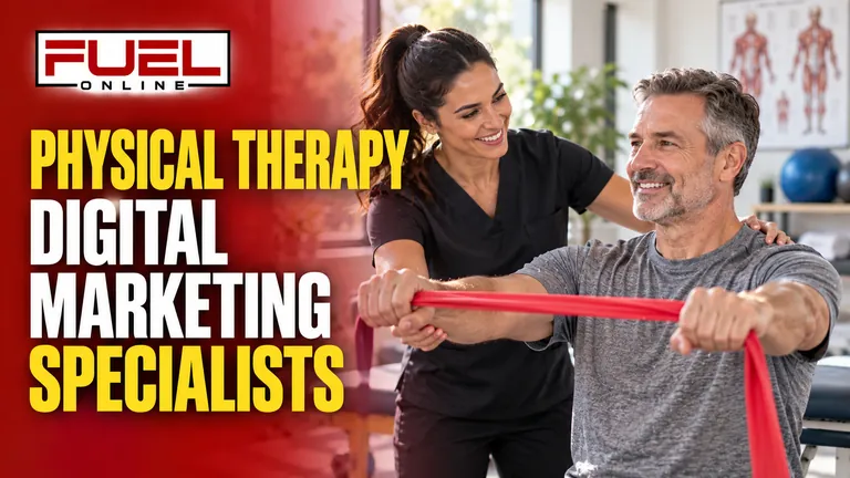 physical therapist guiding an adult through a gentle supervised resistance-band exercise in Fuel Online’s physical therapy AI SEO, AEO & GEO specialist banner