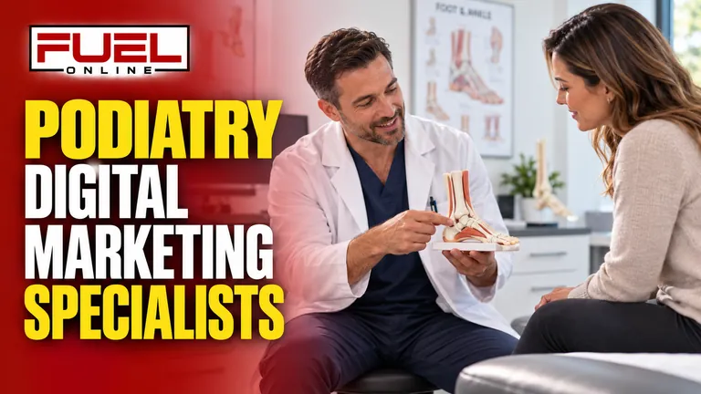podiatrist discussing a foot model with a patient in a professional bright clinic in Fuel Online’s podiatry Digital Marketing, SEO, AEO & GEO specialist banner