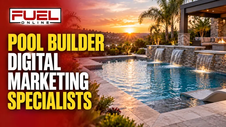 spectacular custom residential pool with stone coping and contemporary backyard landscaping in Fuel Online’s pool builder Lead Generation specialist banner