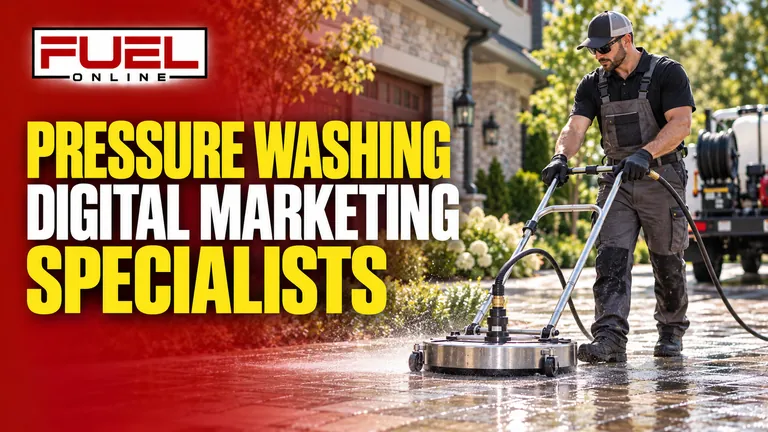 professional exterior cleaning technician washing a stone driveway with a surface cleaner in Fuel Online’s pressure washing PPC & Google Ads specialist banner