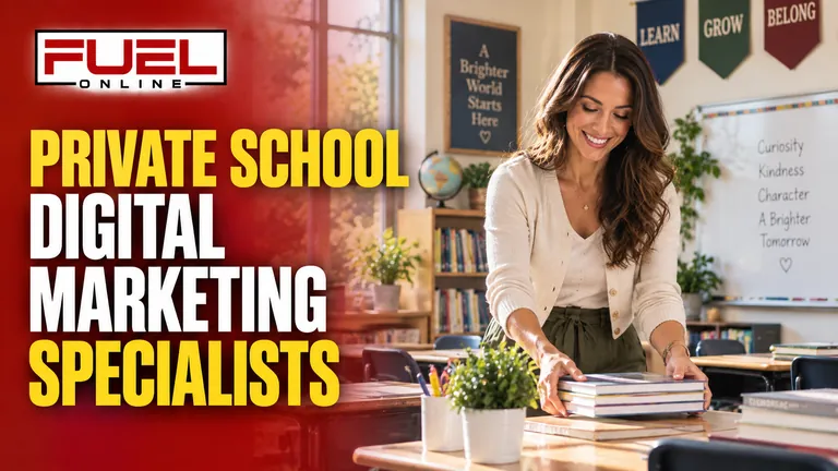 beautiful private-school campus with a teacher preparing a bright inviting classroom, no visible minors in Fuel Online’s private school Digital Marketing, SEO, AEO & GEO specialist banner