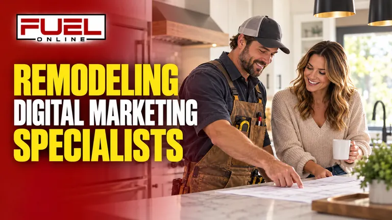 craftsperson and homeowner reviewing a beautifully renovated modern kitchen in Fuel Online’s remodeling contractor Digital Marketing, SEO, AEO & GEO specialist banner
