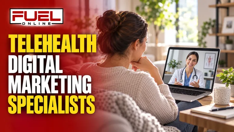 doctor on a clear laptop video consultation with an adult in a comfortable home in Fuel Online’s telehealth Digital Marketing specialist banner
