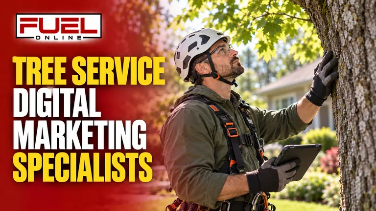 helmeted arborist professionally inspecting a mature tree in landscaped suburban property, no dangerous action in Fuel Online’s tree service Digital Marketing, SEO, AEO & GEO specialist banner