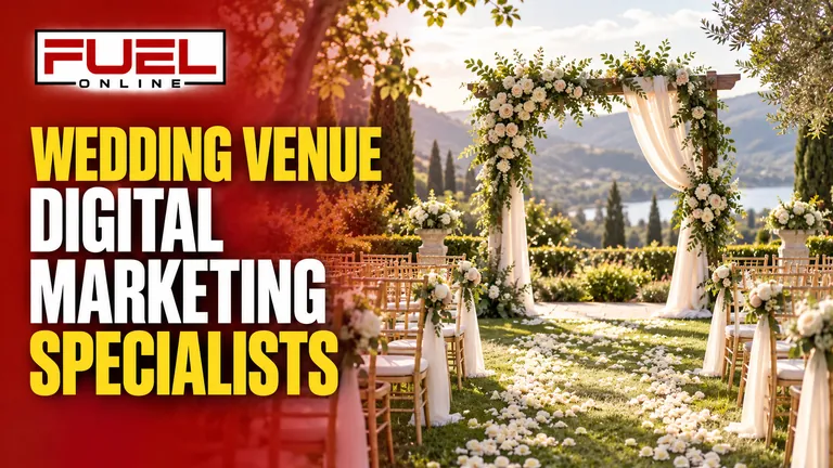 beautiful sunlit garden wedding venue with elegant ceremony chairs and floral arch, no people in Fuel Online’s wedding venue AI SEO, AEO & GEO specialist banner