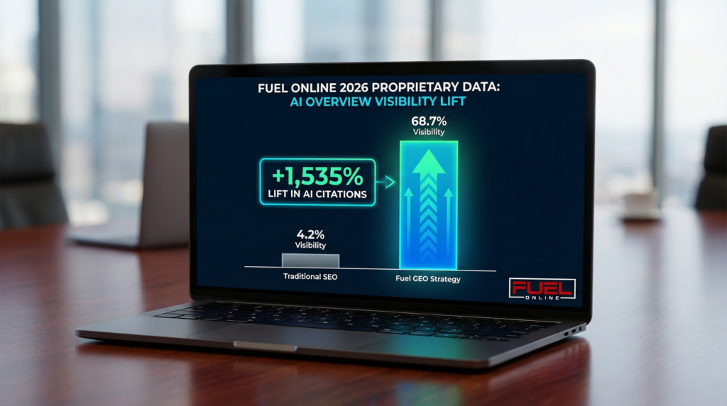 Optimize for Google AI overviews: The Definitive Strategy for 2026 2 Data chart from Fuel Online AI SEO agency showing a 1,535% lift in visibility for brands that optimize for Google AI overviews using GEO strategies.