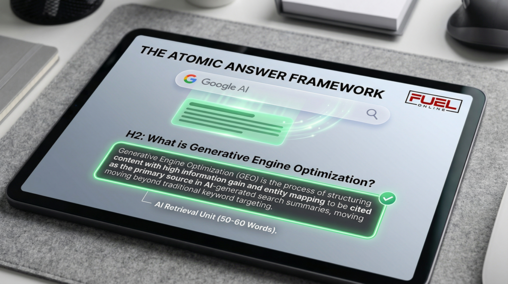 Optimize for Google AI overviews: The Definitive Strategy for 2026 1 A technical diagram showing how to optimize for Google AI overviews using the Fuel Online Atomic Answer framework to secure featured generative citations.