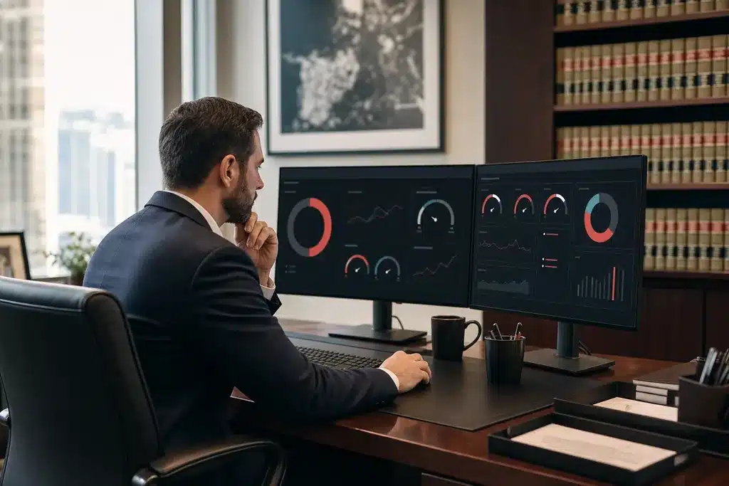 AI visibility audit for mass tort law firms: an analyst reviewing a visibility audit dashboard wi