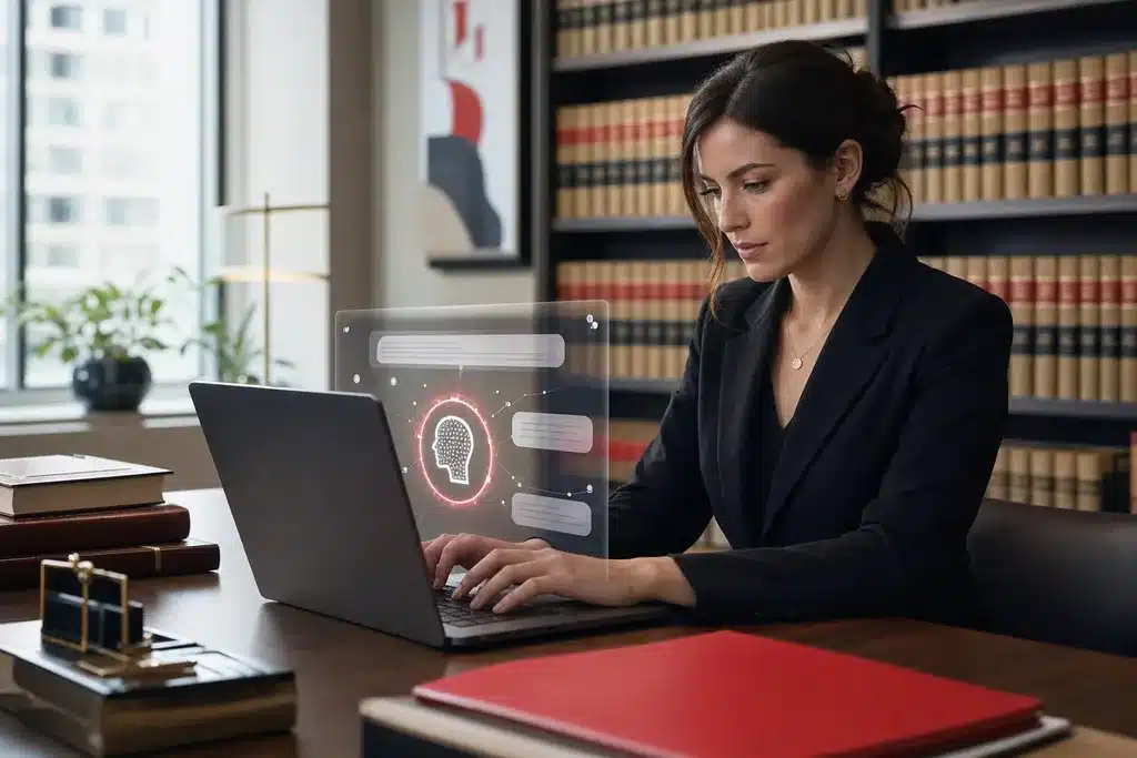 GEO agency for mass tort law firms: a professional at a laptop with a clean minimal AI c