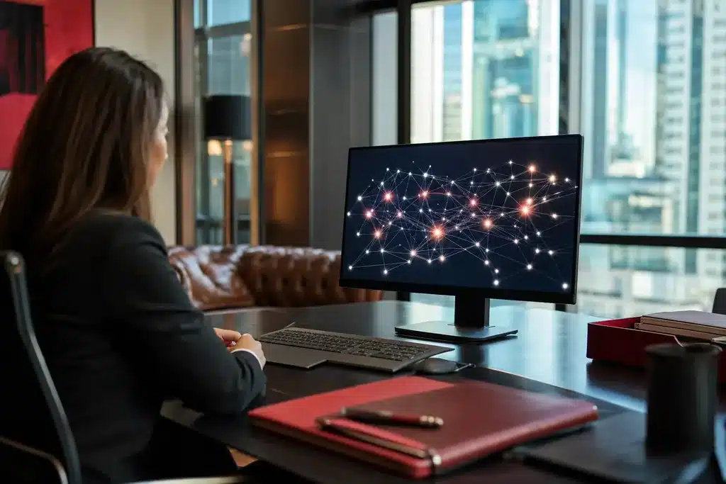 GEO agency for mass tort law firms: a photographic network of connected glowing nodes on