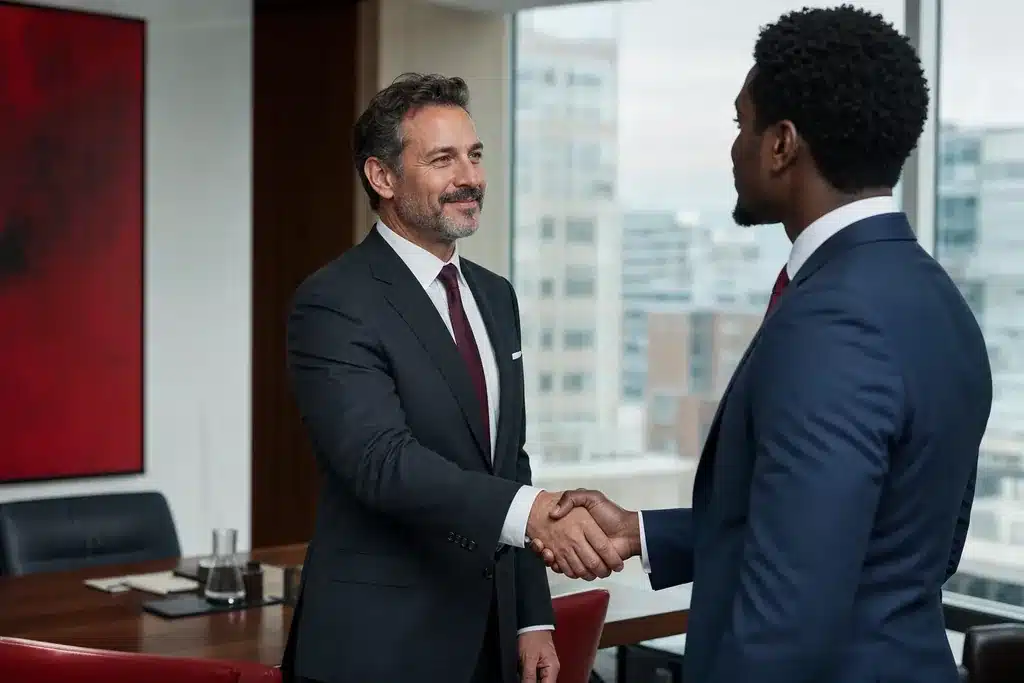 best SEO agency for mass tort law firms: a professional handshake concluding a partnership me