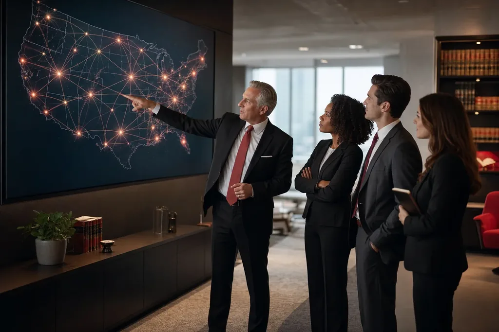 national SEO for mass tort law firms: a large monitor showing a stylized map of the United