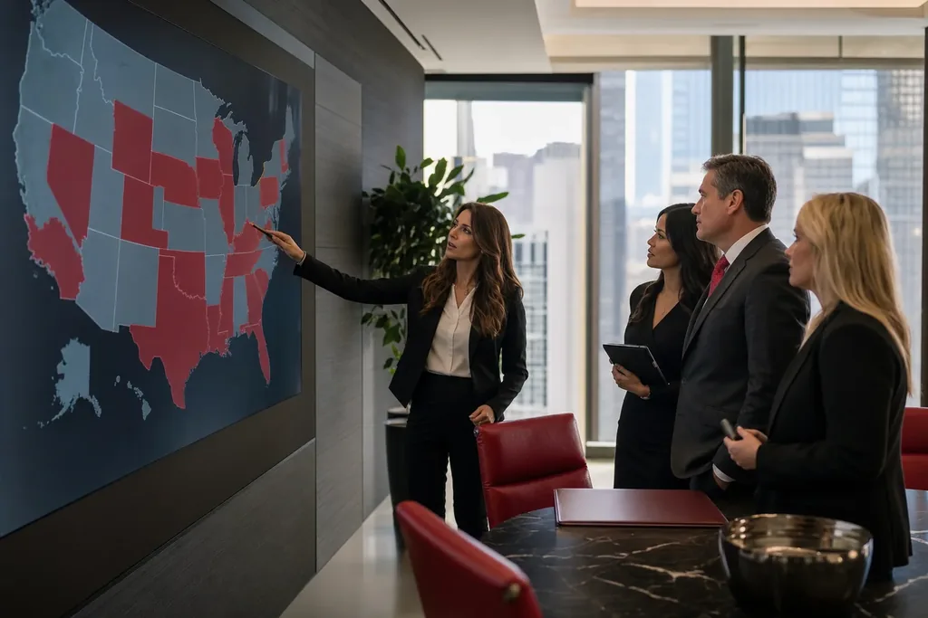 national SEO for mass tort law firms: a marketing team reviewing a nationwide campaign map