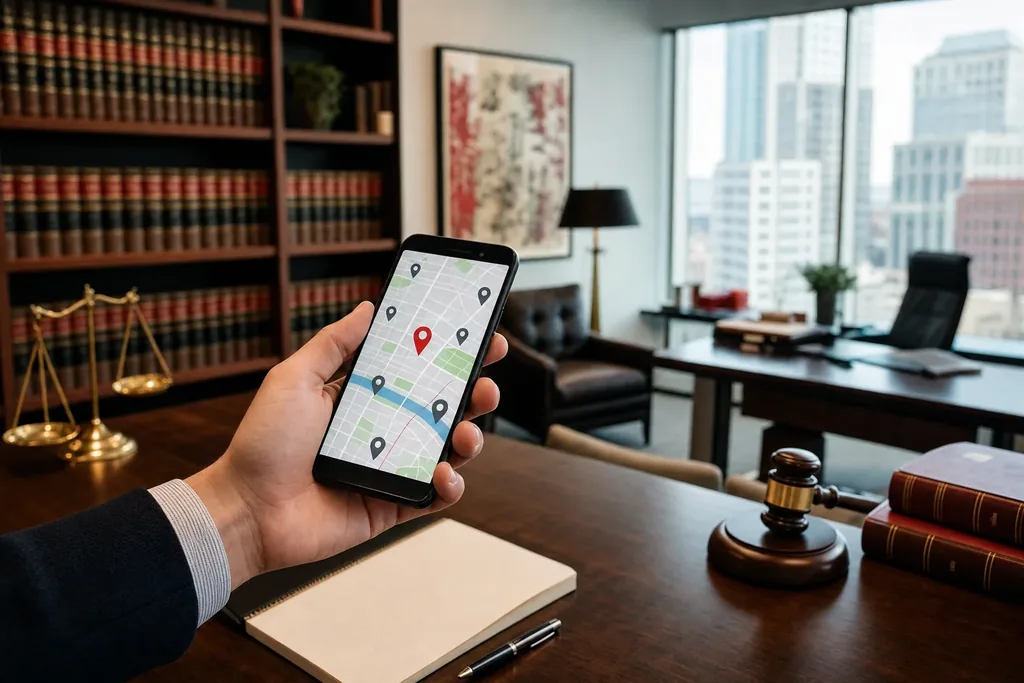 SEO agency for mass tort law firms: a hand holding a smartphone showing a stylized local