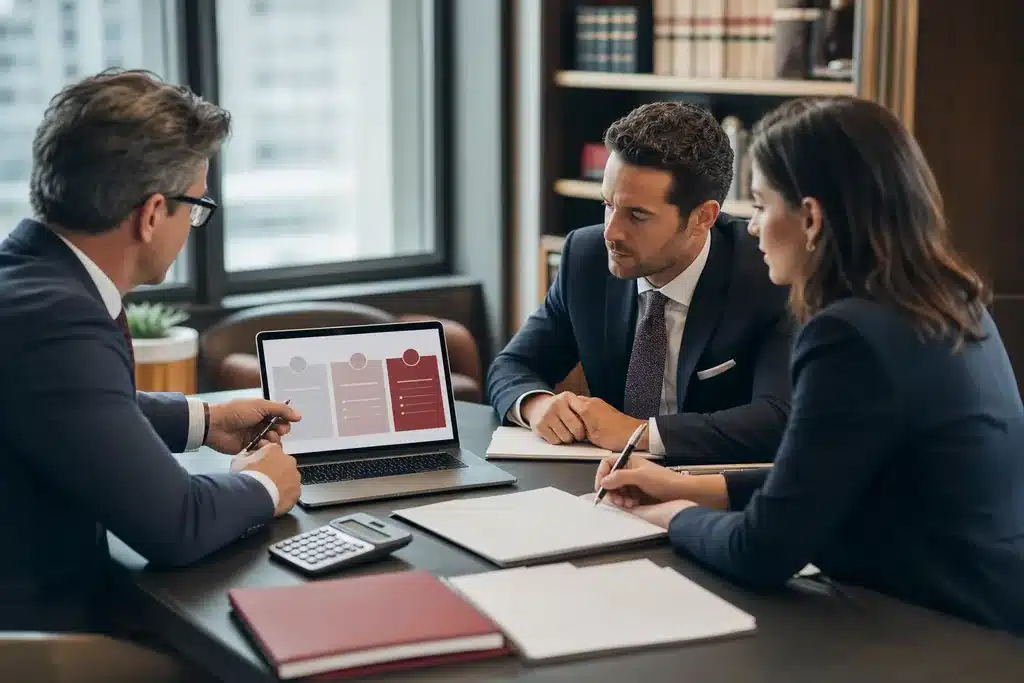 mass tort law firms SEO cost: a budget planning meeting with a laptop showing a si
