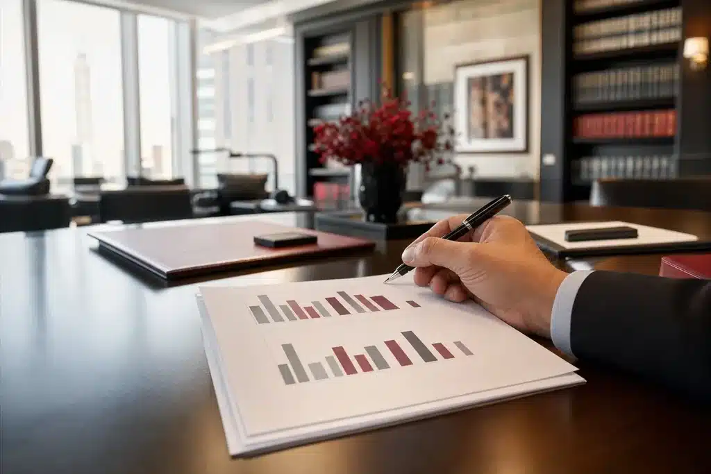 mass tort law firms SEO cost: a hand with a pen reviewing a marketing budget docum