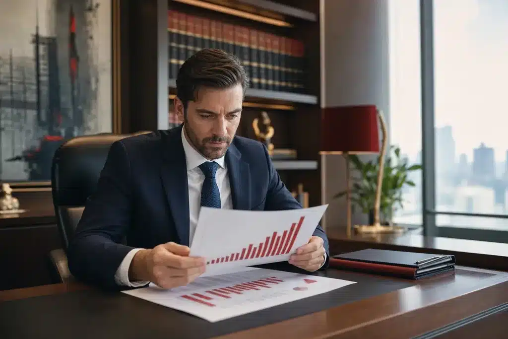 mass tort law firms SEO ROI: a professional reviewing a printed ROI report with r