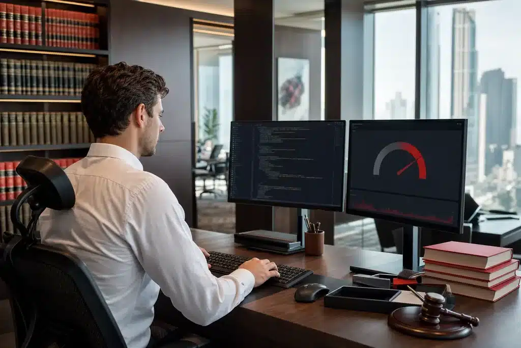 technical SEO for mass tort law firms: a web developer at a workstation with clean code on