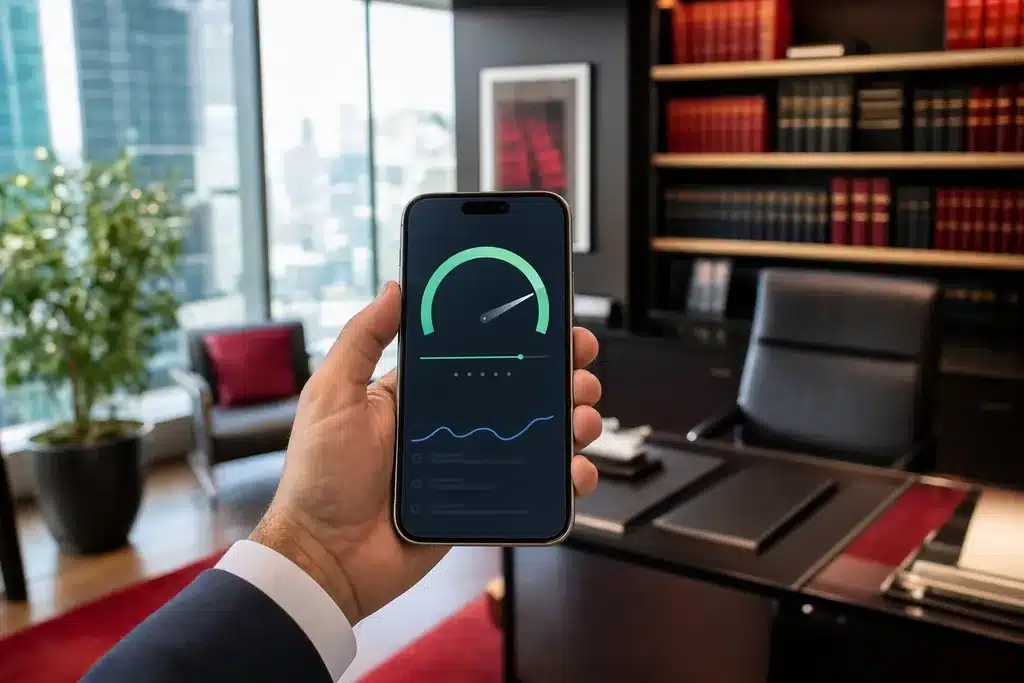technical SEO for mass tort law firms: a smartphone running a page speed test showing a hig