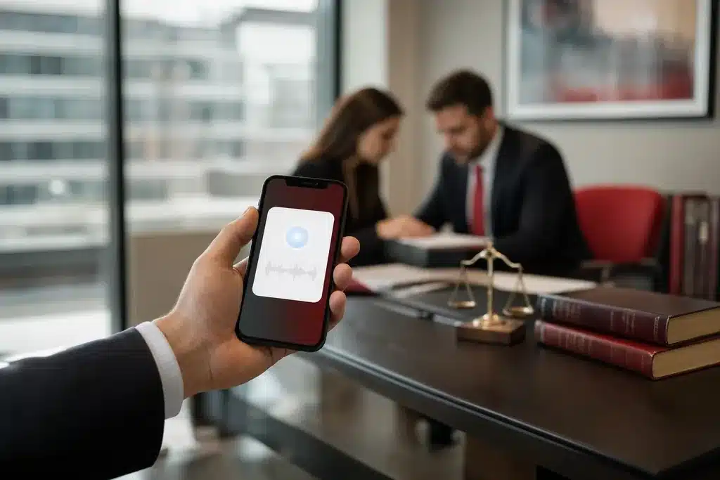 AEO agency for personal injury law firms: a hand holding a smartphone showing a minimal voice