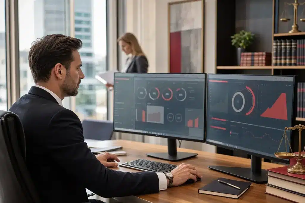 AI visibility audit for personal injury law firms: an analyst reviewing a visibility audit dashboard wi