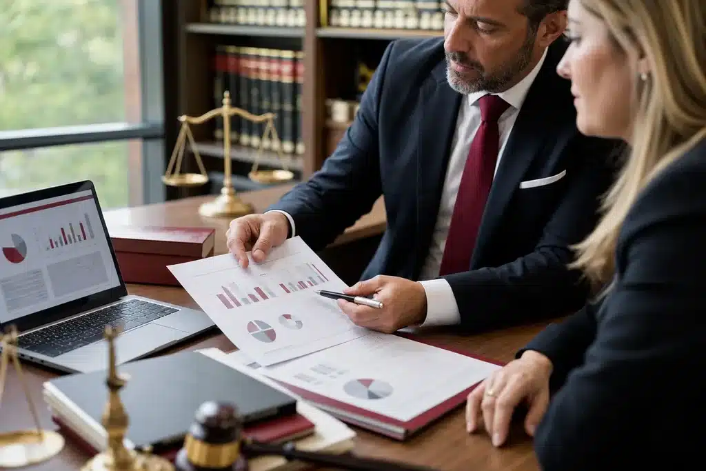 AI visibility audit for personal injury law firms: a printed analytics report with simple charts on a d