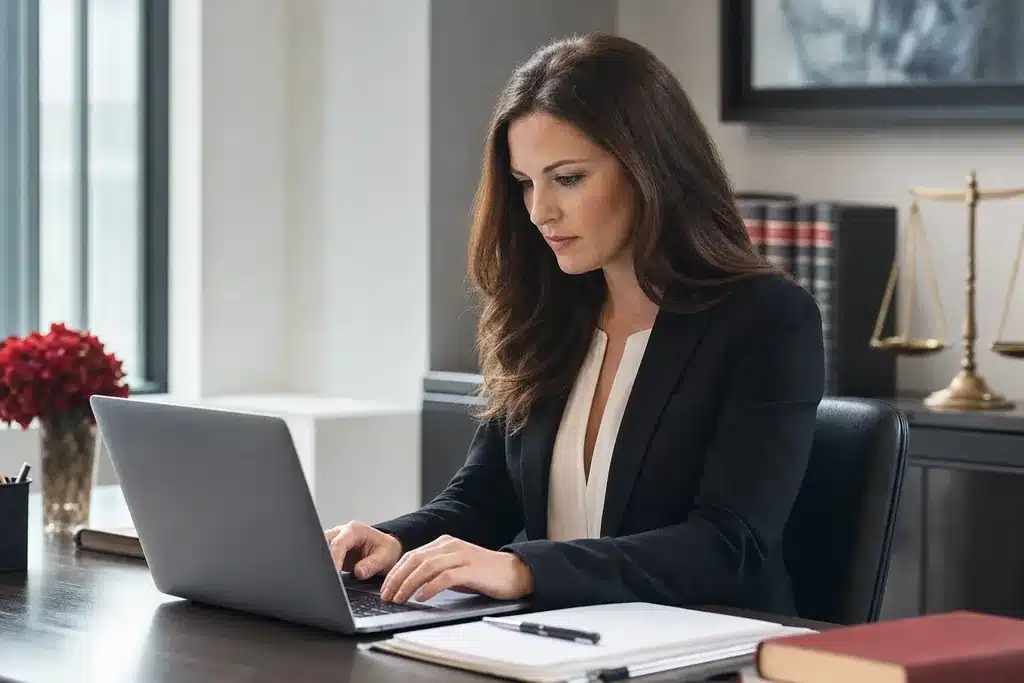 personal injury law firms content marketing strategy: a writer working at a laptop in a bright office draf