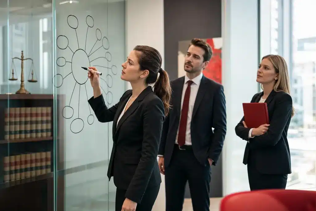 personal injury law firms content marketing strategy: a topic cluster mind map drawn on a glass whiteboard