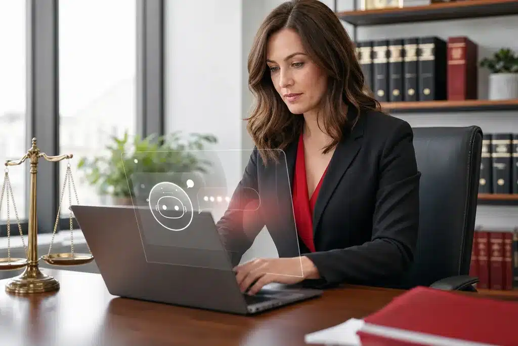 GEO agency for personal injury law firms: a professional at a laptop with a clean minimal AI c
