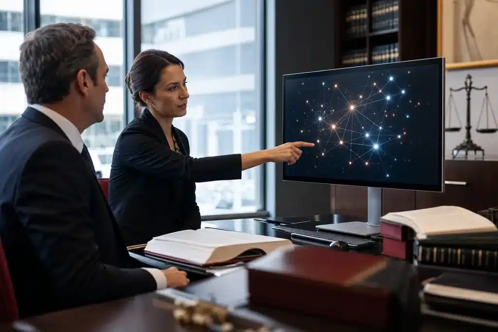 GEO agency for personal injury law firms: a photographic network of connected glowing nodes on
