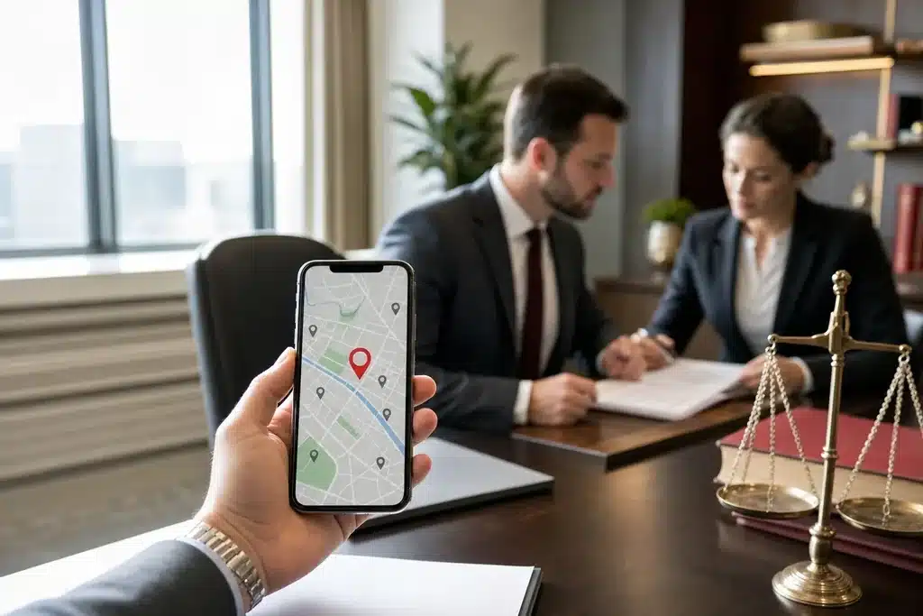 local SEO for personal injury law firms: a hand holding a smartphone showing a stylized local