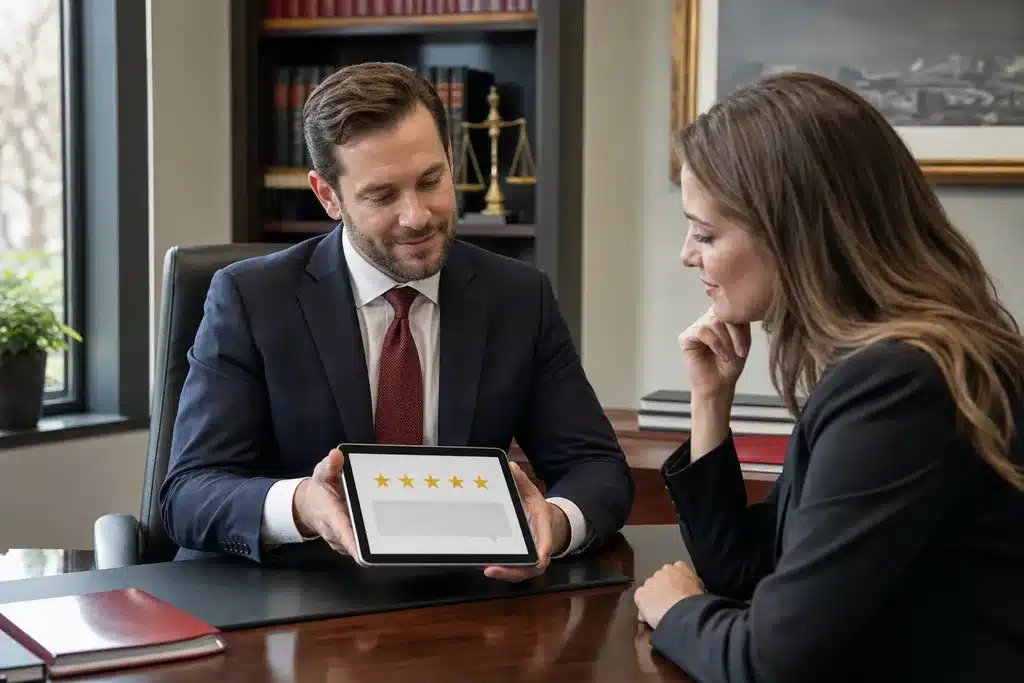 local SEO for personal injury law firms: a tablet showing five star rating stars and a clean