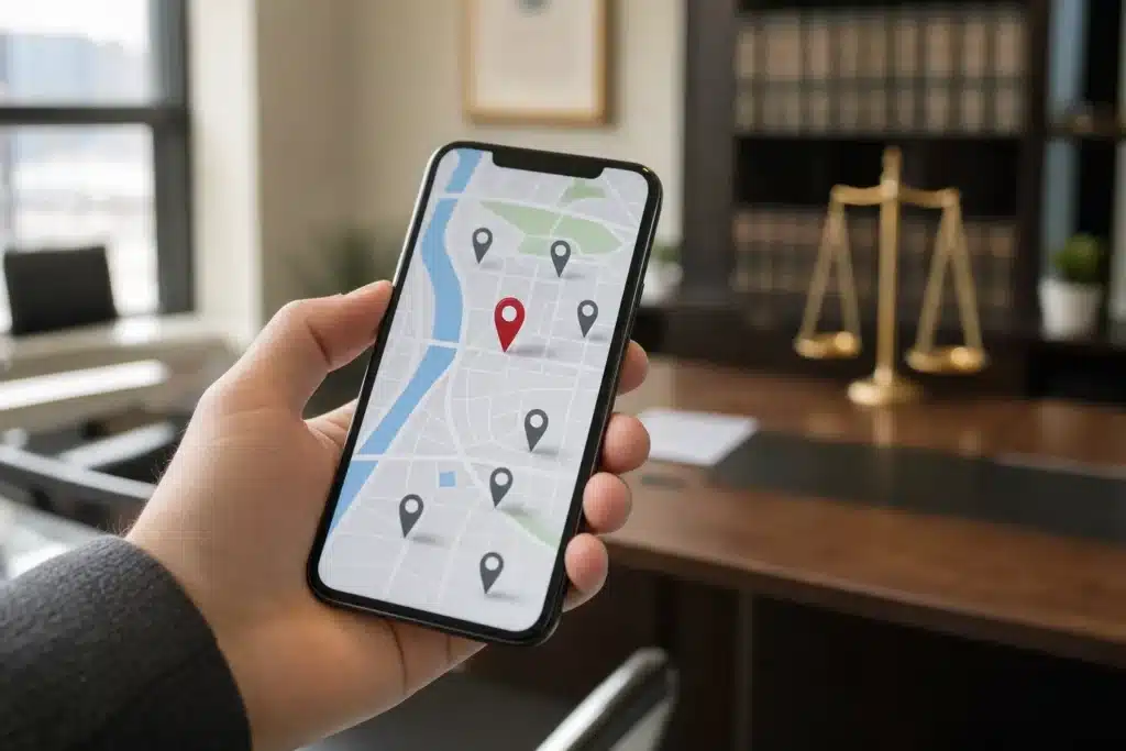 Local SEO for personal injury law firms shown as map pins on a smartphone