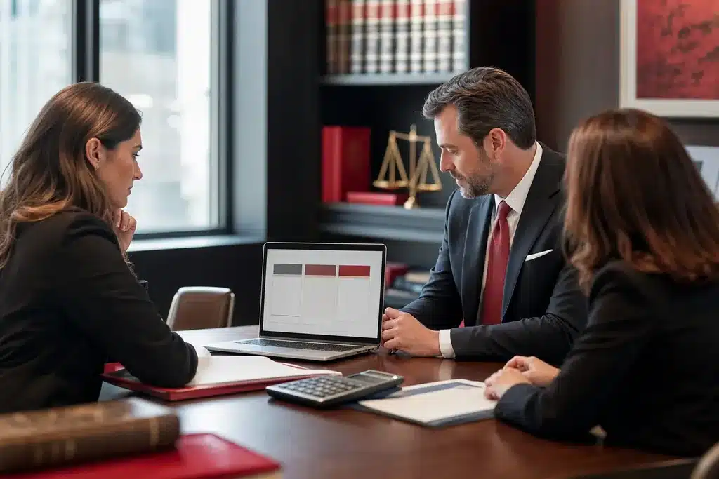 personal injury law firms SEO cost: a budget planning meeting with a laptop showing a si
