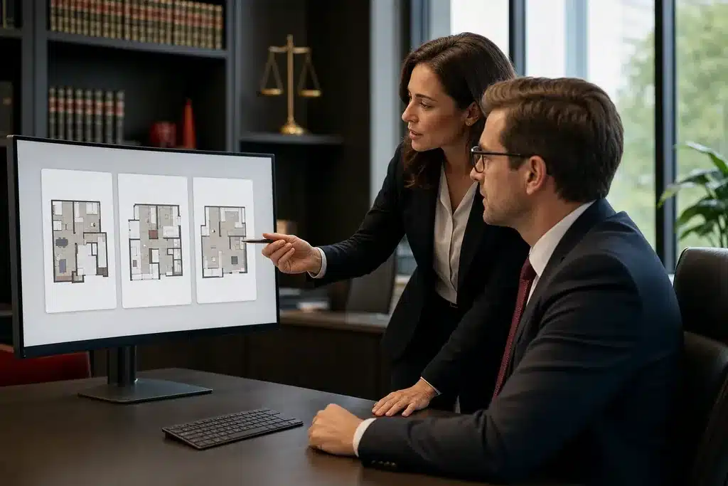 personal injury law firms SEO cost: three clean plan option cards compared on a monitor