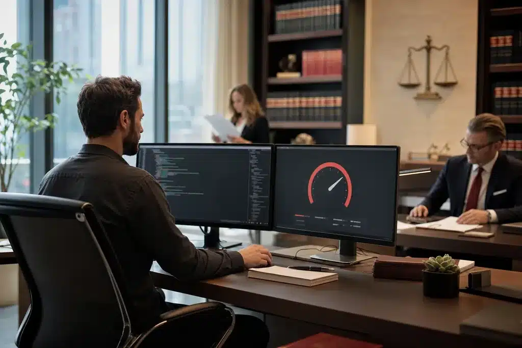 technical SEO for personal injury law firms: a web developer at a workstation with clean code on