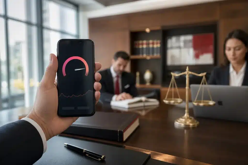 technical SEO for personal injury law firms: a smartphone running a page speed test showing a hig
