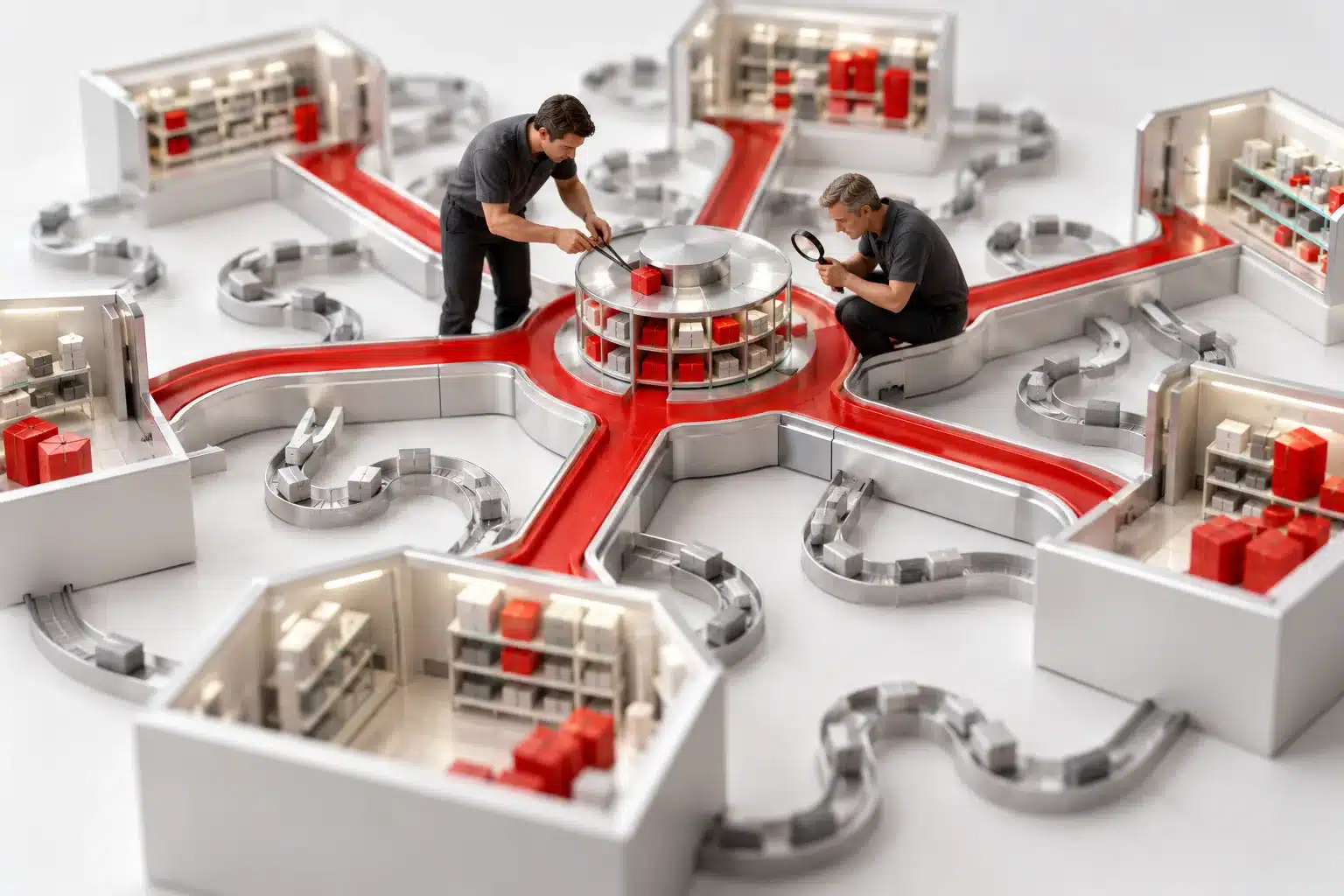 Two engineers inspect a conceptual model of BigCommerce facet policy at a technical review station.