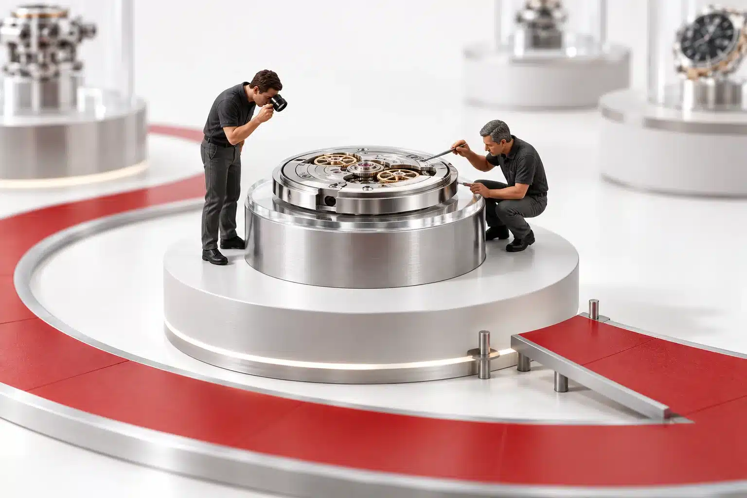 Two engineers inspect a conceptual model of BigCommerce orphaned product discovery at a technical review station.
