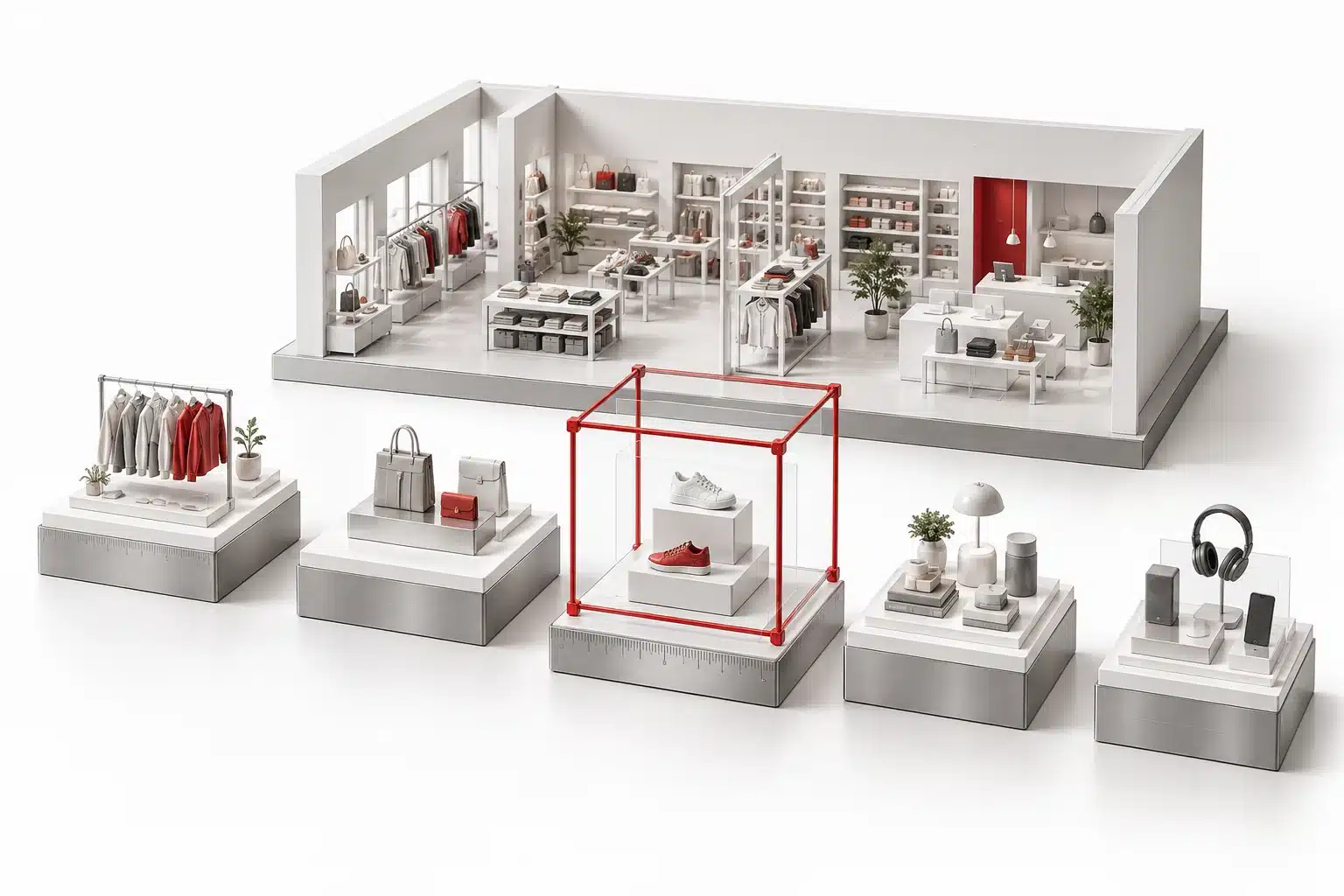 Sample BigCommerce product and category pages on individual audit inspection stands.