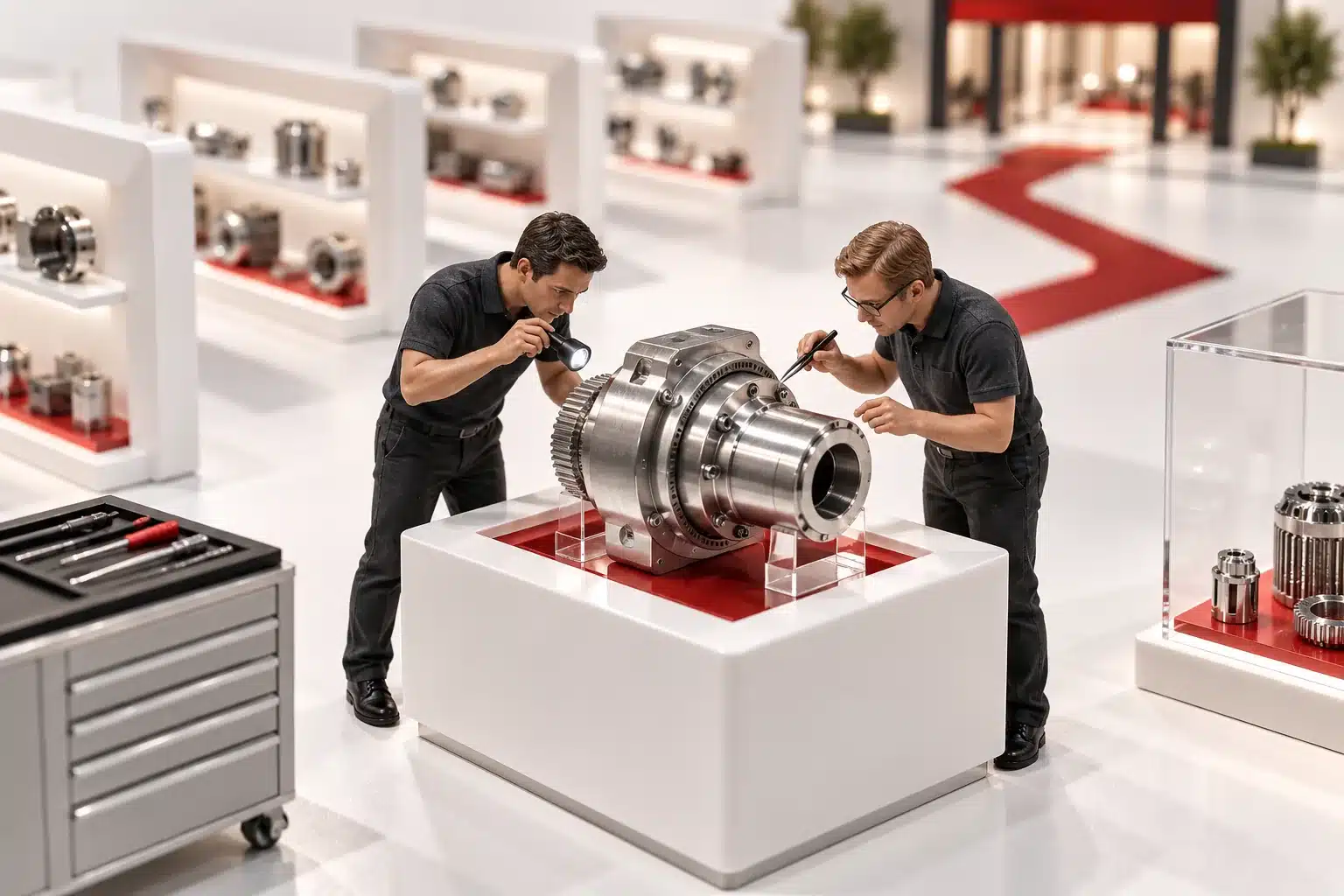 Two engineers inspect a conceptual model of BigCommerce catalog discovery at a technical review station.