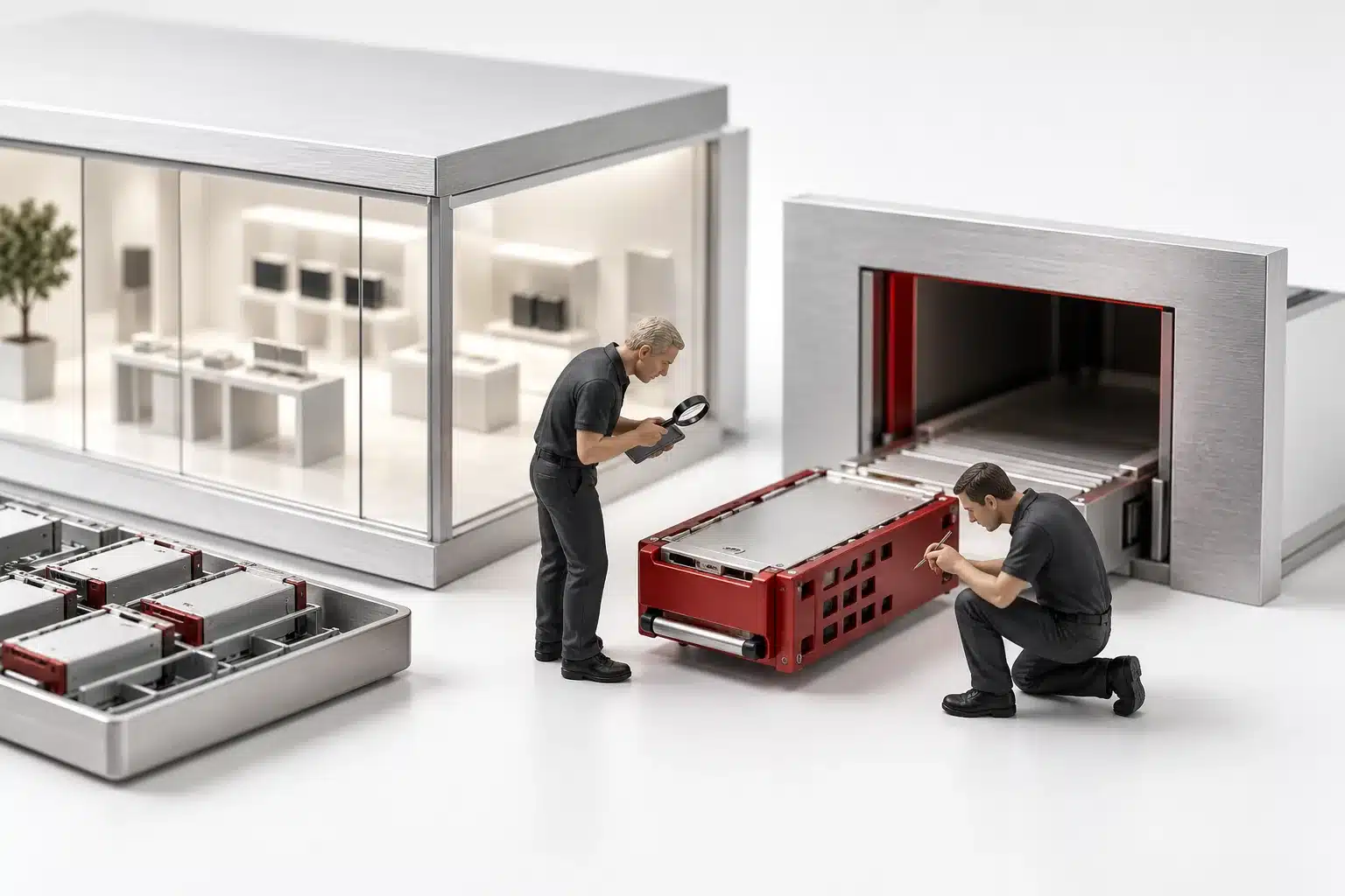 Two engineers inspect a conceptual model of Magento configuration release at a technical review station.
