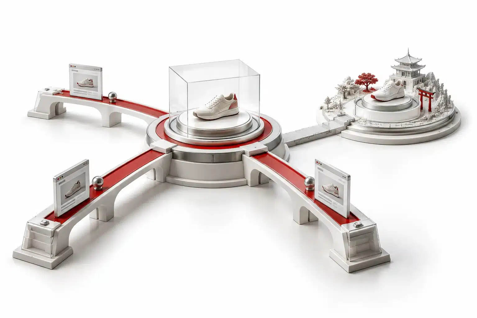 Magento product routes converge on one destination while a localized market remains separate.
