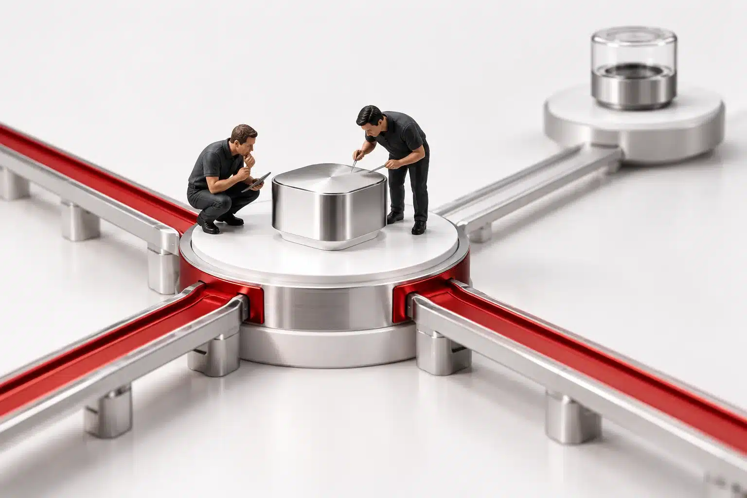 Two engineers inspect a conceptual model of Magento product URL consolidation at a technical review station.