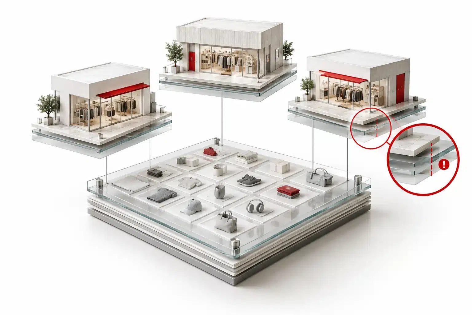 Magento store-view configuration plates inspected above a shared product catalog.
