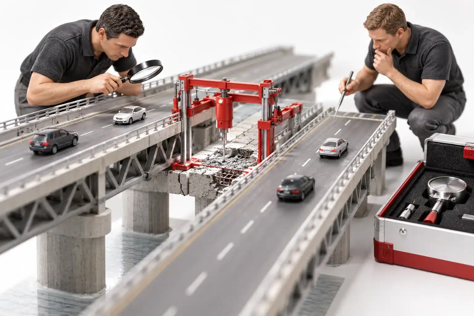 Two engineers inspect a conceptual model of Migration failure recovery at a technical review station.