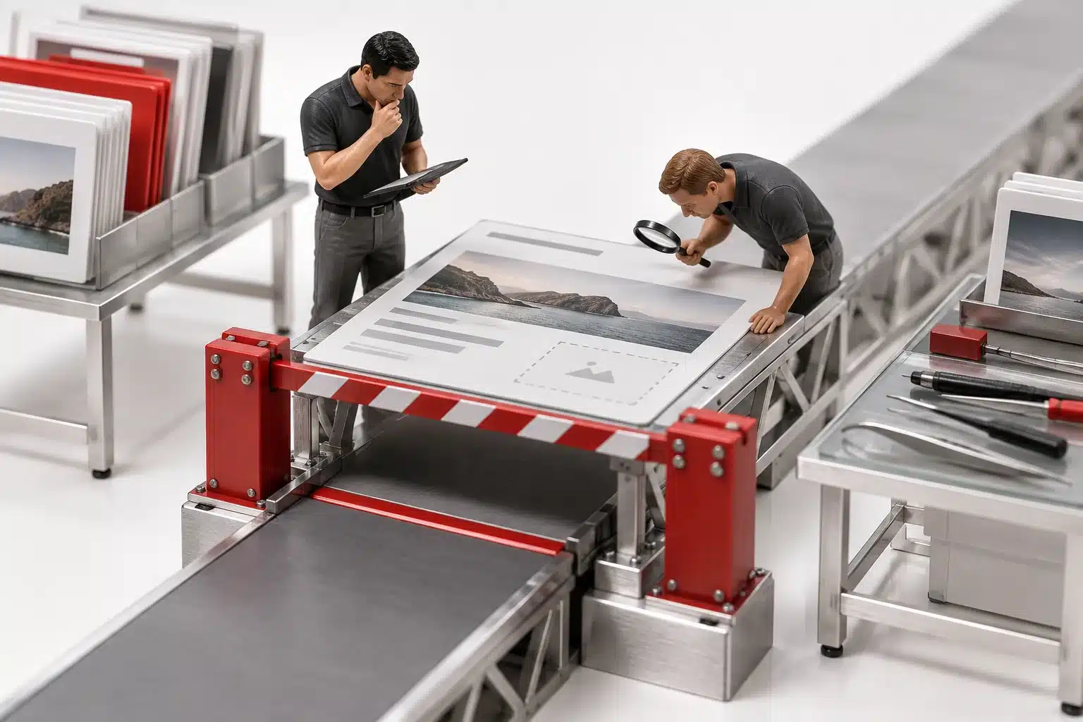 Two engineers inspect a conceptual model of Migration readiness assessment at a technical review station.